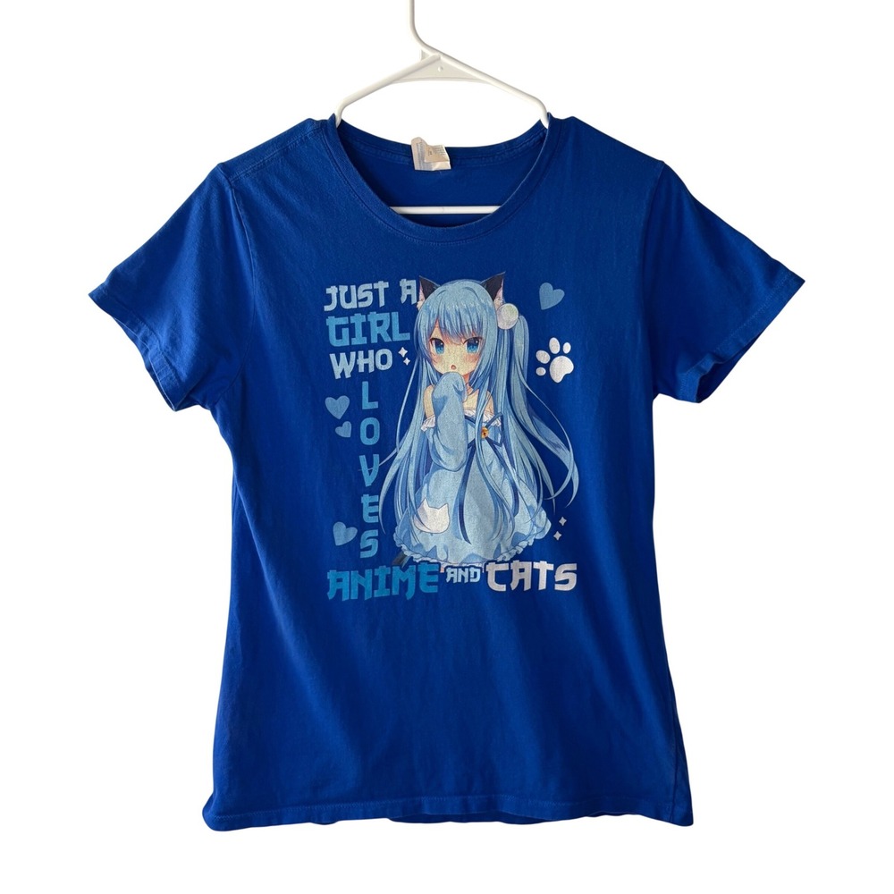Just A Girl Who Loves Anime And Cats Blue Graphic Tee Womens Medium Cat Girl